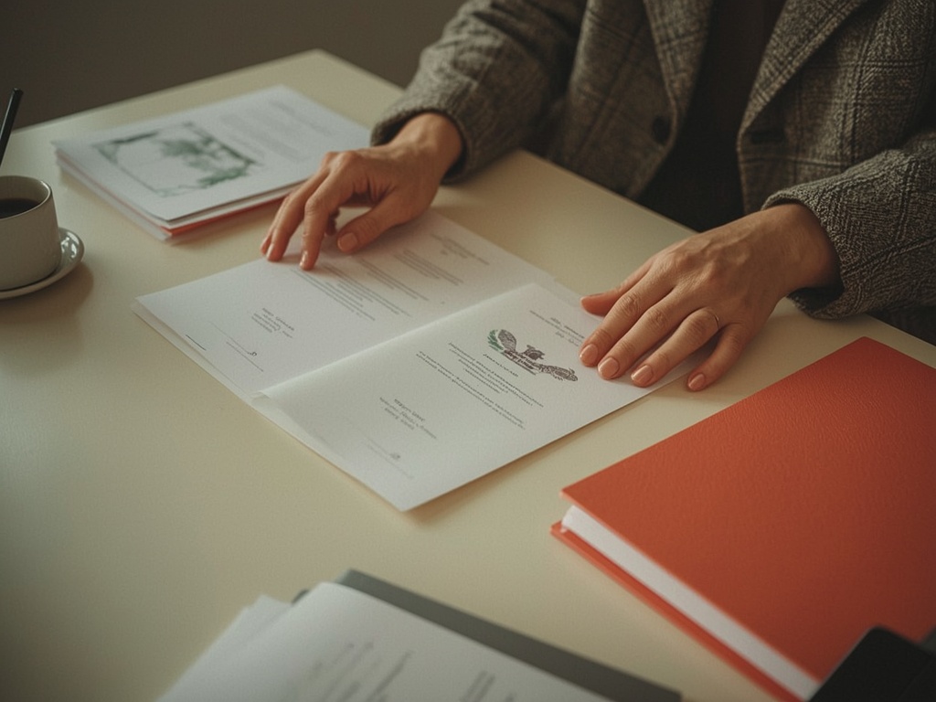 Manos revisando una lista de verificación sobre documentos ordenados.